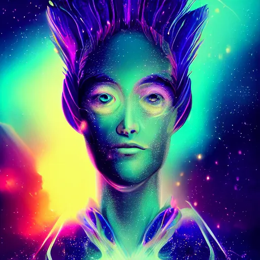 Image similar to portrait from a avian bird alien, feathers, synthwave, universe background, nebula, galaxy, artstation