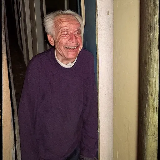 Image similar to an smiling old man in an abandoned hallway at night