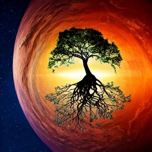 Image similar to godly tree of life seen from outer space engulfs the earth