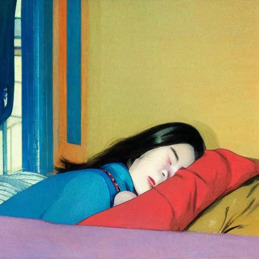 Prompt: close - up of a bokk in hand of a korean woman sleeps from behind in levitation above her bed vibrant by akihiko yoshida and edward hopper