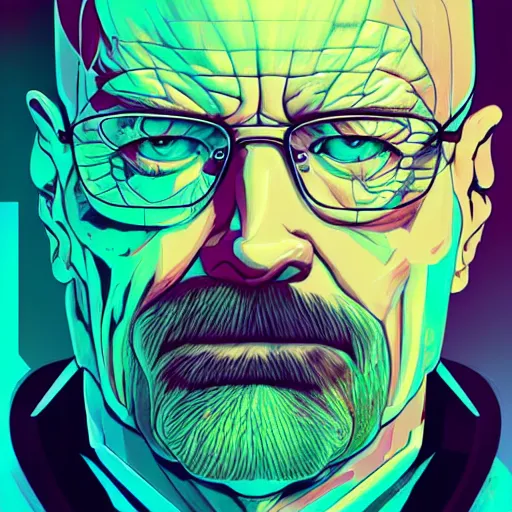 Prompt: high quality illustration, walter white portrait, cyberpunk colors, vaporwave, retro, neotrad, lois van baarle, moebius, league of legend, arcane style