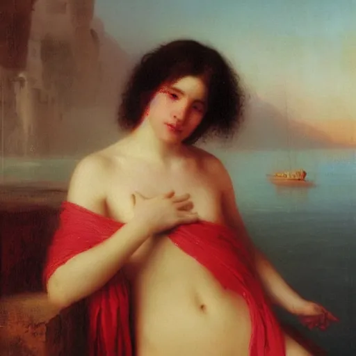 Image similar to portrait of a young women bathing in blood wearing a thin robe, highly detailed painting by aivazovski 8 k