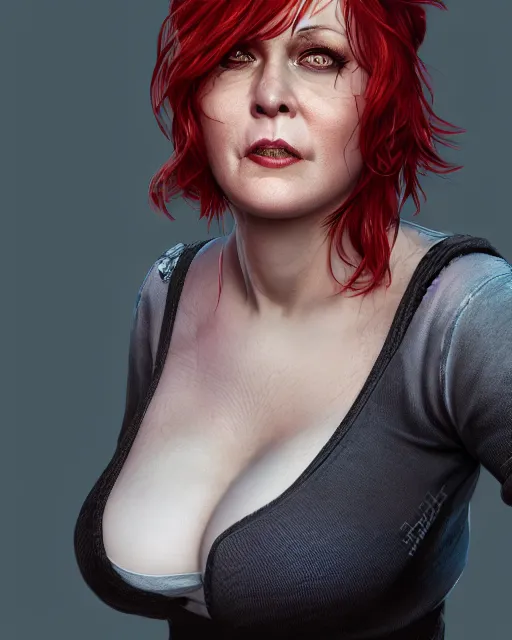 Image similar to portrait of short and plump 5 0 - year - old woman with red hair and a kind face, hyper realistic face, beautiful eyes, character art, art by mark brooks, hyperdetailed, cryengine, trending on artstation, digital art