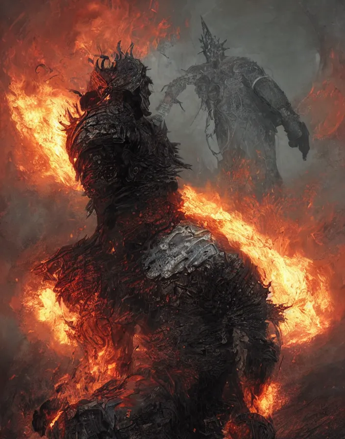 Prompt: folk horror illustration of the soul of cinder (a warrior in heavy iron armor that burns with eternal flame), dark souls 3 artwork, art by greg rutkowski, art by craig mullins, art by Masanori Warugai, art by Yoshitaka Amano