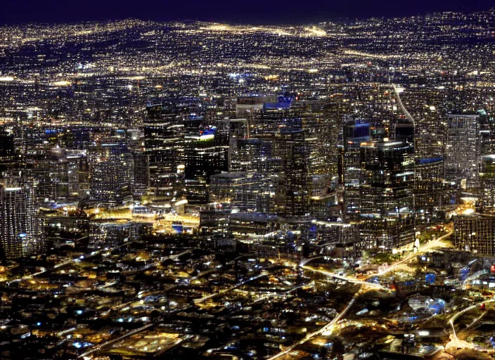 Image similar to a sprawling building complex in los angeles at night. photo by james cameron