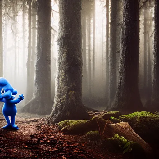 Image similar to demonic smurfs in magical forest, dark atmosphere, high detail, 8 k