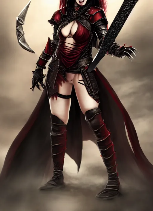 Image similar to female vampire warrior, full body portrait, realistic, sharp teeth, grinning, muscular, flying, barefoot, exposed feet, black full plate armor, historical armor, covered chest, metal mask, huge two - handed sword, claymore, ghostblade, wlop, asian fantasy.