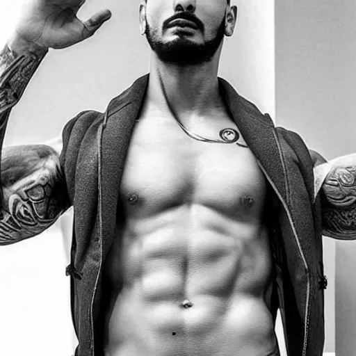 Image similar to “a realistic detailed photo of a guy who is an attractive humanoid who is half robot and half humanoid, who is a male android, singer Maluma, shiny skin, posing like a statue, blank stare”