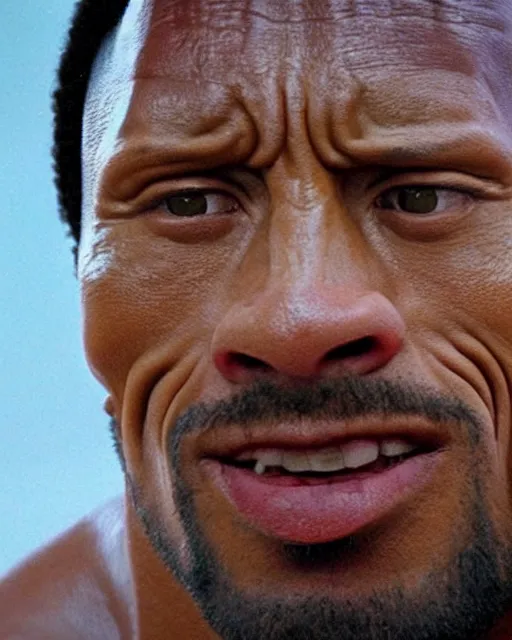 Image similar to film still close - up shot of dwayne johnson from the movie predator. photographic, photography