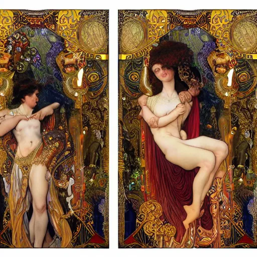 Image similar to realistic detailed dramatic symmetrical portrait of Adam and Eva as Salome dancing, wearing an elaborate jeweled gown, by Alphonse Mucha and Gustav Klimt, gilded details, intricate spirals, coiled realistic serpents, Neo-Gothic, gothic, Art Nouveau, ornate medieval religious icon, long dark flowing hair spreading around her