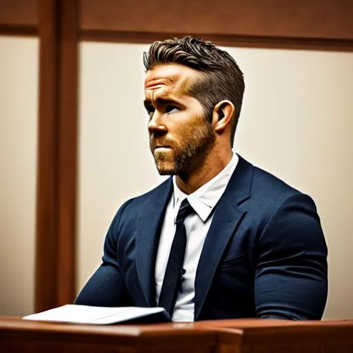 Prompt: ryan reynolds on trial in a courtroom, highly detailed, extremely high quality, hd, 4 k, 8 k, professional photographer, 4 0 mp, lifelike, top - rated, award winning, realistic, detailed lighting, detailed shadows, sharp, no blur, edited, corrected, trending