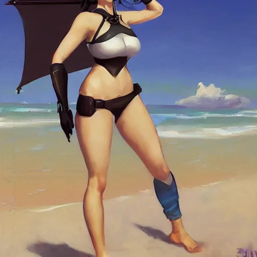 Prompt: greg manchess portrait painting of 2 b nier automata as tracer from overwatch in a bikini on the beach, organic painting, sunny day, matte painting, bold shapes, hard edges, street art, trending on artstation, by huang guangjian and gil elvgren and sachin teng