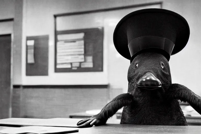 Image similar to platypus wearing top hat on a table in police station by Roger Deakins