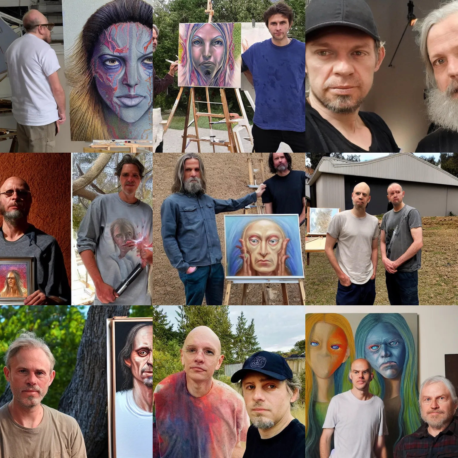 Prompt: painters Alex Grey together with painter Greg Rutkowski looking in the camera at the people who stole their job