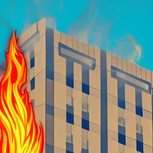 Image similar to cartoon building on fire as logo, burning, flames, symmetrical, washed out color, centered, art deco, 1 9 5 0's futuristic, glowing highlights, peaceful