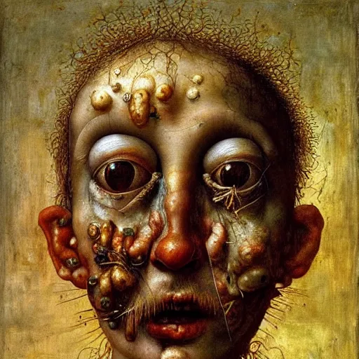 Prompt: half boy half old man made of greasy spaghetti, by giuseppe arcimboldo and ambrosius benson, renaissance, intricate and wet oil paint, a touch of beksinski, realistic