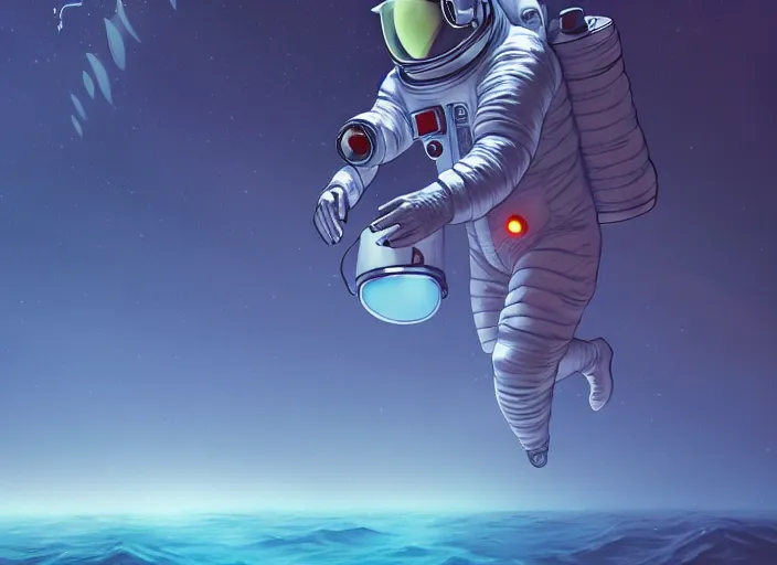 Prompt: a dreamlike scene of an astronaut swimming through the ocean surrounded by aliens, masterpiece, illustration, perfect, trending on pixiv, trending on artstation