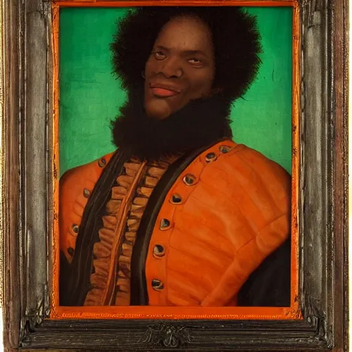 Prompt: photograph of a black man with afro hair wearing an army green cloak, mounting!! an orange colored detailed anatomically correct bull!!, renaissance style painting