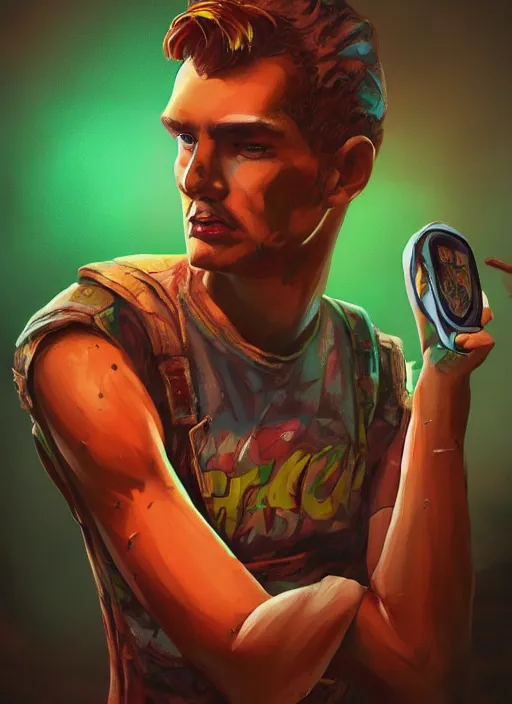 Prompt: A comic book style portrait painting of a vintage Mac in a post apocalyptic setting, with a psychedelic mushroom on the screen, unreal 5, DAZ, hyperrealistic, octane render, RPG portrait, dynamic lighting