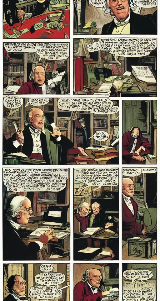 Prompt: a comic book with 4 panels of ben franklin sitting at his desk. suddenly a magic electricity portal archway opens in front of him. ben franklin is in his library. cinematic, rich colors, detailed, in the style of a comic book