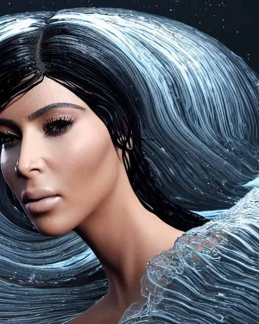 Prompt: epic full - pov - shot still of kim kardashian unconscious wearing a black lace dress in a transparent alien liquid, wet flowing hair, gooey skin, illustration, unreal engine 5, 8 k, made by h. r. giger.