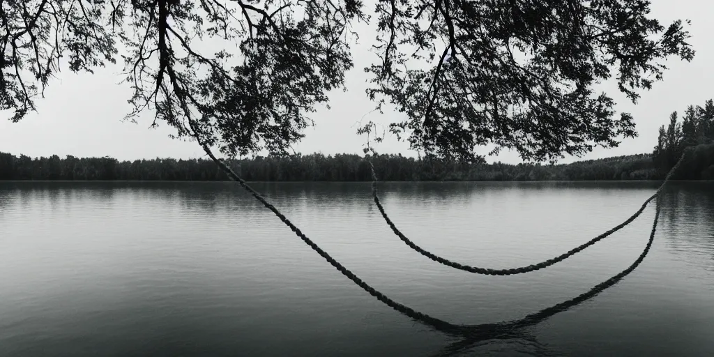 Image similar to symmetrical photograph of a very long rope on the surface of the water, the rope is snaking from the foreground stretching out towards the center of the lake, a dark lake on a cloudy day, trees in the background, anamorphic lens