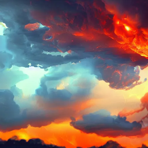 Image similar to burning clouds, thunder and fire rain, 4k, post-processing, very very detailed, artstation, cute