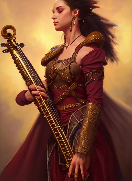 Prompt: a _ fantasy _ style _ portrait _ painting _ of pasific female charismatic bard playing instrument, rpg dnd oil _ painting _ unreal _ 5 _ daz. _ rpg _ portrait _ extremely _ detailed _ artgerm _ greg _ rutkowski _ greg