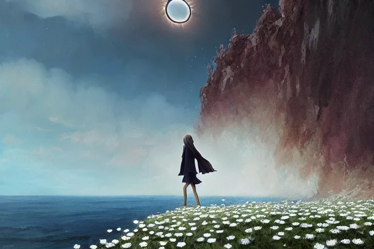 Image similar to giant white daisy flower on head, girl walking on cliff, surreal photography, solar eclipse, milky way, dramatic light, impressionist painting, clouds, digital painting, artstation, james gilleard, liam wong, jeremy mann, simon stalenhag