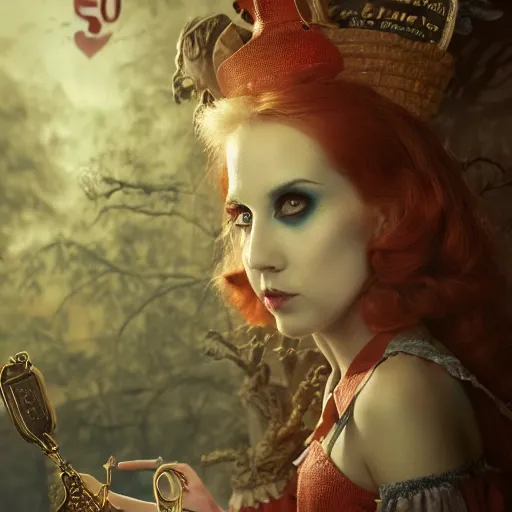 Prompt: Alice in Wonderland at the Dark Carnival, highly detailed, artstation, intricate, smooth, sharp focus, dark, horror, illustration, art by greg rutkowski and Yuumei, good clear quality, lighting, biology, symmetrical artwork, perfect face, 135 mm, cinematic, hyper realism, high detail, octane render, 8k, crimson highlights