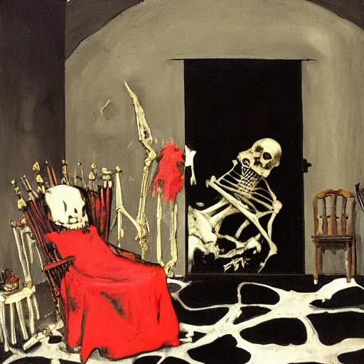 Prompt: two dark figures conversing in a messy living room with a black doorway and a Cow skeleton by Francisco Goya and Francis Bacon, vibrant red background, mythological painting, oil painting, triadic color scheme, very coherent, Figure seated on a throne of marble, whale skeleton inside interior room with black doorway, Beksinski painting