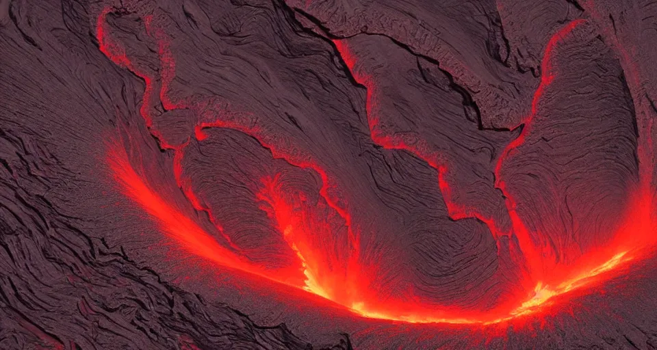 Prompt: a volcano made of ivory vines and crimson rocks enters in eruption, it spits a smoke in the shape of demonic eye, with Vray