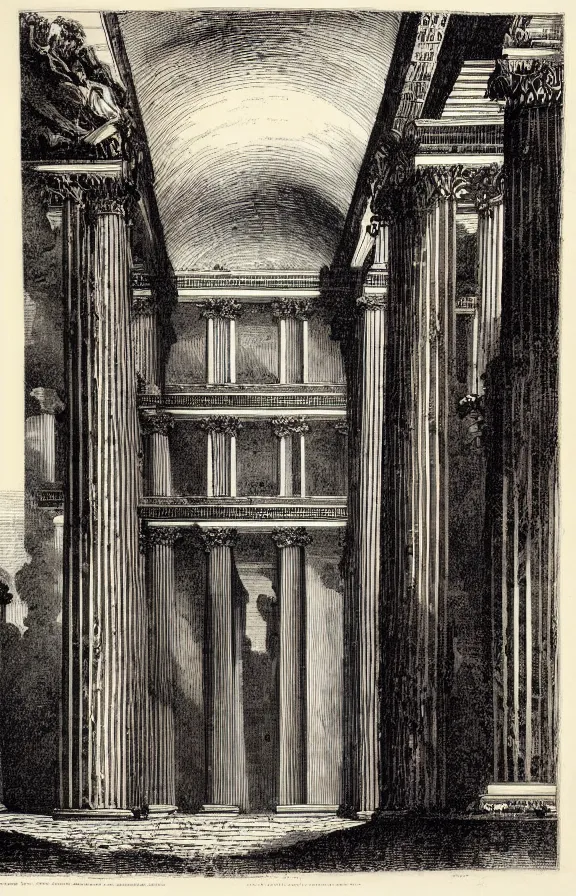 Prompt: lithograph, etching by giovanni battista piranesi