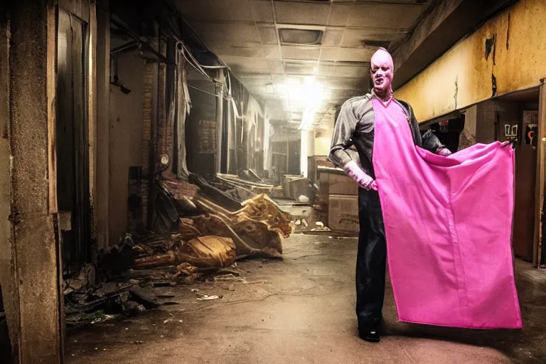 Image similar to michael keaton batman covered in beer wearing pink apron wielding an axe, chasing through old brown decrepit hallway, creepy smile, atmospheric eerie lighting, photorealistic face, dim lighting, bodycam footage, motion blur, photograph