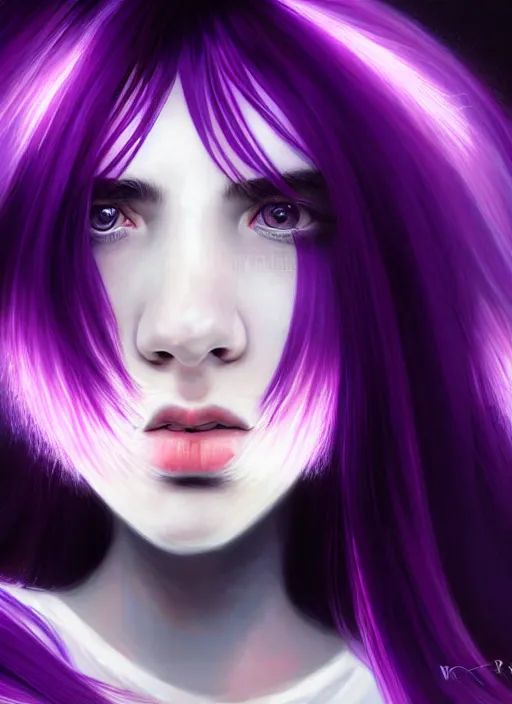 Image similar to hair whitebangs hair, black hair, whitebangs, portrait of teenage girl with white bangs, red irises, purple clothes, white bangs, bangs are different color from hair, intricate, elegant, glowing lights, highly detailed, digital painting, artstation, concept art, smooth, sharp focus, illustration, art by wlop, mars ravelo and greg rutkowski