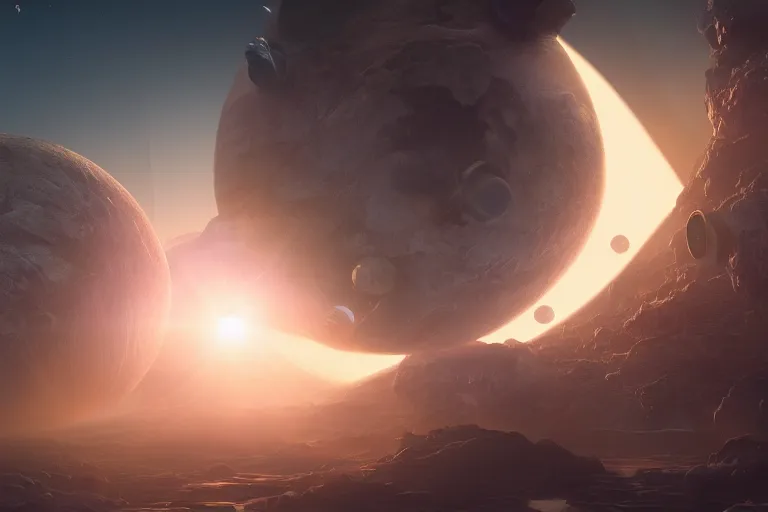 Image similar to beautiful sci fi space scene with planets, concept art trending on artstation, volumetric lighting, 8k