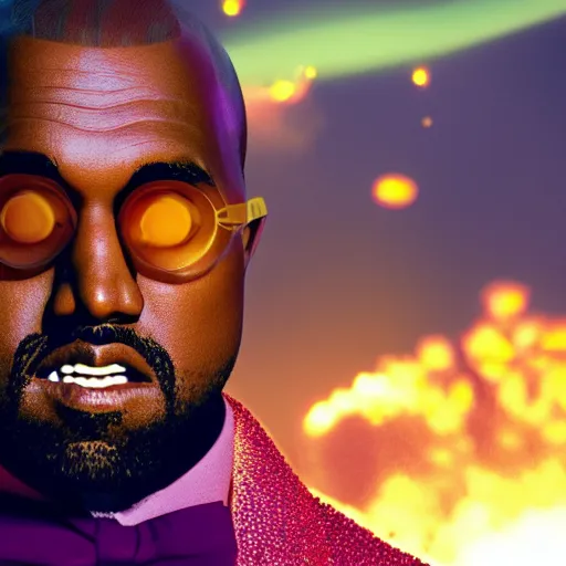 Image similar to Portrait of Kanye West as willy wonka in Skyrim, splash art, movie still, cinematic lighting, dramatic, octane render, long lens, shallow depth of field, bokeh, anamorphic lens flare, 8k, hyper detailed, 35mm film grain