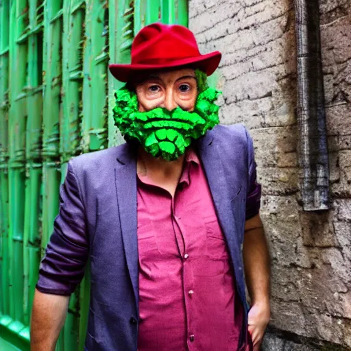 Image similar to Green man with a smug face and a fedora, wearing colorful outfit, uneven arms, in an alleyway, photo