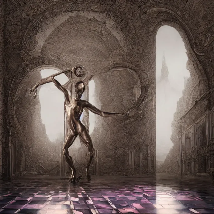 Image similar to hyperrealistic random objects in a surreal minimalistic dreamscape environment by salvador dali, enormous melting mannequin head statue, highly detailed, 3 d render, vray, octane, beautiful lighting, photorealistic, intricate, elegant, wayne barlowe, water, mirrors, doorway, beautiful, masterpiece, trending on artstation, artgerm, checkered floor, pink archway