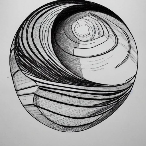 Image similar to black and white sketch of circle shaped sculpture, curves, wood, lights, portal, sketch