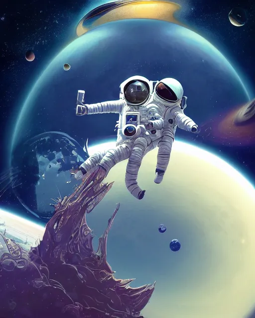 Image similar to wide shoot selfie of ethereal intricate cosmonaut lie relaxed on a crescent moon between the stars and the planets in outer space, cosmonaut post grunge concept art,high detail,4k, trending on artstation by Yoshitaka Amano, josan gonzalez and tyler edlin