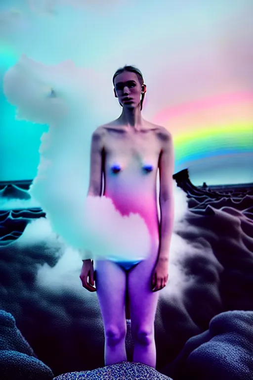 Image similar to high quality pastel coloured film close up wide angle photograph of a model wearing clothing swimming on cloud furniture in a icelandic black rock!! environment in a partially haze filled dreamstate world. three point light, rainbow. photographic production. art directed. pastel colours. volumetric clouds. pastel gradient overlay. waves glitch artefacts. extreme facial clarity. 8 k. filmic.