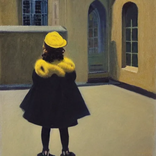 Image similar to a painting of a little girl with short black hair and wearing a yellow coat alone in the inner courtyard of an abbey by hopper