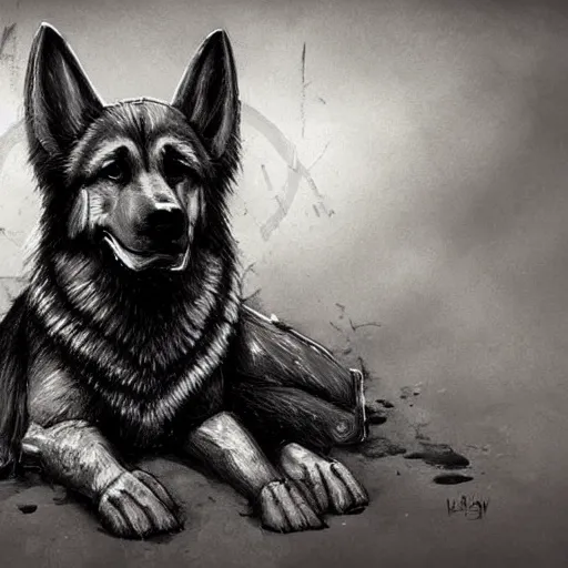 Image similar to a humanoid german shepherd beast - man in military style, sitting on the carpeted floor beside a bed, highly detailed portrait, digital painting, artstation, concept art, smooth, sharp foccus ilustration, artstation