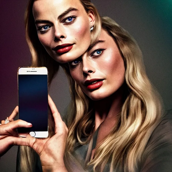 Prompt: margot robbie, holding iphone. very coherent symmetrical artwork. cinematic, high detail, octane render, 8 k, iridescent accents