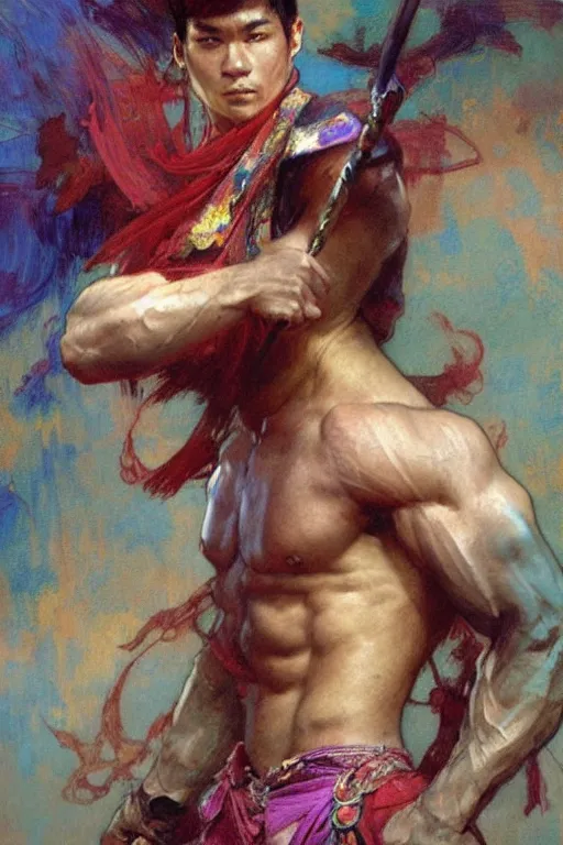 Image similar to attractive muscular man, short hair, wuxia, colorful, painting by gaston bussiere, craig mullins, greg rutkowski, alphonse mucha