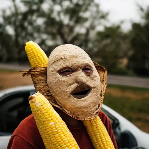 Image similar to an elderly man wearing a mask made from a tortilla, holding a sword made from elote, driving a corn cob car, bold natural colors, national geographic photography, masterpiece, 8 k, raw, unedited, symmetrical balance