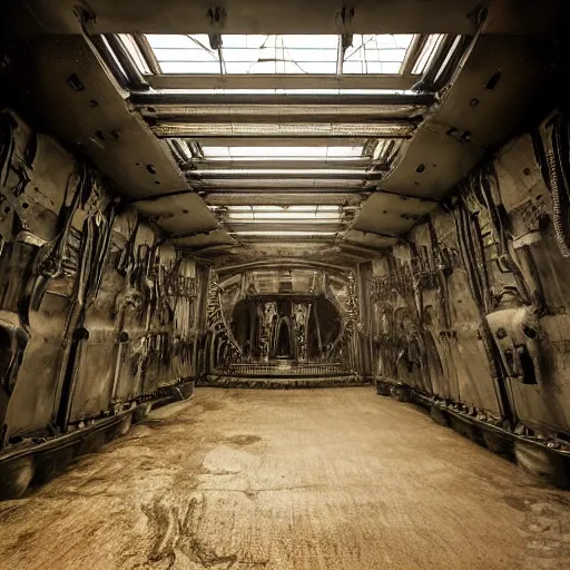 Image similar to h r giger, a large biomechanical room, a funnel leading down, moody lighting, dark atmosphere