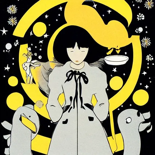 Image similar to ikea manual by osamu tezuka. a beautiful illustration of a woman with long flowing hair, wild animals, & a dark, starry night sky.