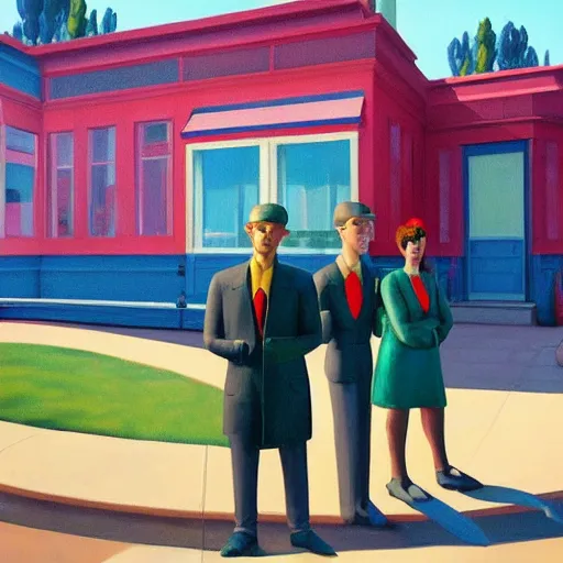 Image similar to a fine art painting of the ingame avatars from planet coaster with a coaster in view in the style of edward hopper and wes anderson.